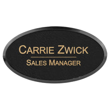 Load image into Gallery viewer, Black/Gold 3" x 1 1/2" Laserable Leatherette Oval Badge & Frame