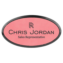 Load image into Gallery viewer, Pink 3" x 1 1/2" Laserable Leatherette Oval Badge & Frame