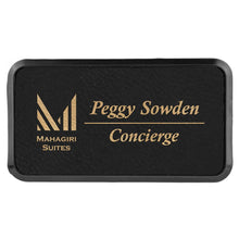 Load image into Gallery viewer, Black/Gold 3" x 1 1/2" Laserable Leatherette Round Corner Badge & Frame