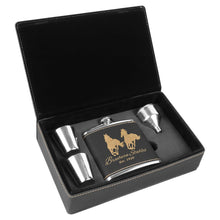 Load image into Gallery viewer, Black/Gold 6 oz. Laserable Leatherette Flask Gift Set