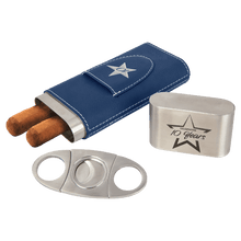 Load image into Gallery viewer, Blue/Silver Laserable Leatherette Cigar Case with Cutter