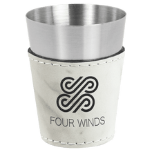 Load image into Gallery viewer, White Marble 2 oz. Laserable Leatherette & Stainless Steel Shot Glass