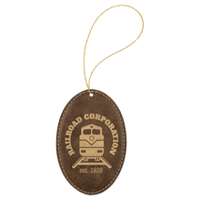 Load image into Gallery viewer, Rustic/Gold Gold Laserable Leatherette Oval Ornament with String