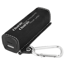 Load image into Gallery viewer, Black/Silver Laserable Leatherette 2200 mAh Power Bank with USB-C Cord