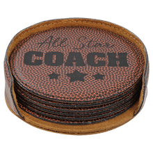 Load image into Gallery viewer, Football 2 4" Round Laserable Leatherette 6-Coaster Set