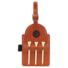 Load image into Gallery viewer, Basketball 5" x 3 1/4" Laserable Leatherette Golf Bag Tag with 3 Wooden Tees