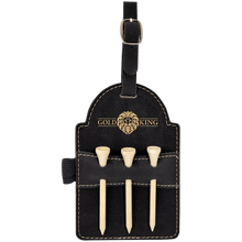 Load image into Gallery viewer, Black/Gold 5" x 3 1/4" Laserable Leatherette Golf Bag Tag with 3 Wooden Tees