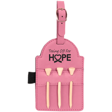 Load image into Gallery viewer, Pink 5" x 3 1/4" Laserable Leatherette Golf Bag Tag with 3 Wooden Tees