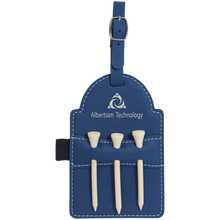 Load image into Gallery viewer, Blue/Silver 5" x 3 1/4" Laserable Leatherette Golf Bag Tag with 3 Wooden Tees