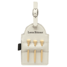 Load image into Gallery viewer, White 5" x 3 1/4" Laserable Leatherette Golf Bag Tag with 3 Wooden Tees