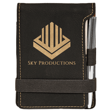 Load image into Gallery viewer, Black/Gold 3 1/4" x 4 3/4" Laserable Leatherette Mini Notepad with Pen