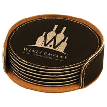 Load image into Gallery viewer, Black/Gold 4" Round Laserable Leatherette 6-Coaster Set