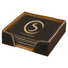 Load image into Gallery viewer, Black/Gold 4" x 4" Square Laserable Leatherette 6-Coaster Set