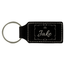 Load image into Gallery viewer, Black/Silver 2 3/4" x 1 1/4" Laserable Leatherette Rectangle Keychain