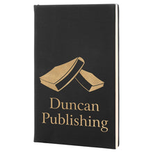 Load image into Gallery viewer, Black/Gold 5 1/4" x 8 1/4" Laserable Leatherette Journal with Lined Notepad
