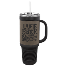 Load image into Gallery viewer, Black with Gray Polar Camel 40 oz. Laserable Leatherette Travel Mug with a Handle & Straw