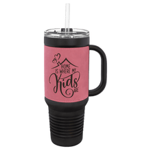 Load image into Gallery viewer, Black with Pink Polar Camel 40 oz. Laserable Leatherette Travel Mug with a Handle & Straw