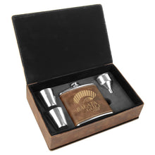Load image into Gallery viewer, Rustic/Gold 6 oz. Laserable Leatherette Flask Gift Set
