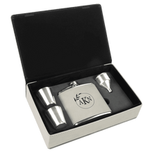 Load image into Gallery viewer, White 6 oz. Laserable Leatherette Flask Gift Set
