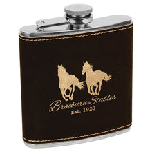 Load image into Gallery viewer, Black/Gold 6 oz. Laserable Leatherette Stainless Steel Flask
