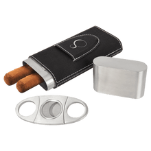 Load image into Gallery viewer, Black/Silver Laserable Leatherette Cigar Case with Cutter
