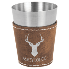 Load image into Gallery viewer, Rustic/Silver 2 oz. Laserable Leatherette &amp; Stainless Steel Shot Glass

