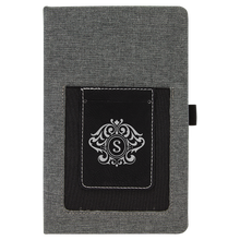 Load image into Gallery viewer, Gray w/Black 5 1/4" x 8 1/4" Laserable Leatherette Journal with Cell/Card Slot
