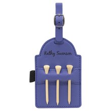 Load image into Gallery viewer, Purple 5" x 3 1/4" Laserable Leatherette Golf Bag Tag with 3 Wooden Tees
