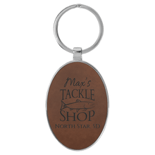 Load image into Gallery viewer, Dark Brown 3" x 1 3/4" Laserable Leatherette/Metal Oval Keychain
