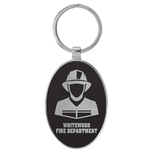 Load image into Gallery viewer, Black/Silver 3" x 1 3/4" Laserable Leatherette/Metal Oval Keychain
