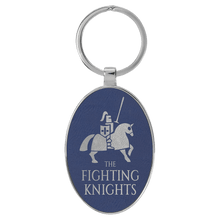Load image into Gallery viewer, Blue/Silver 3" x 1 3/4" Laserable Leatherette/Metal Oval Keychain
