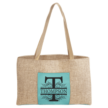 Load image into Gallery viewer, Teal 19" x 12" Burlap Bag with 5" Laserable Leatherette Gusset
