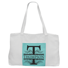Load image into Gallery viewer, White Bag with 5" Teal 19" x 12" Laserable Leatherette Gusset
