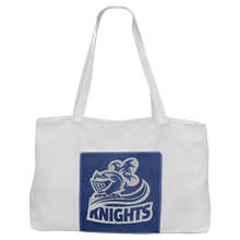 Load image into Gallery viewer, White Bag with 5" Blue/Silver 19" x 12" Laserable Leatherette Gusset
