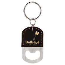 Load image into Gallery viewer, Black/Gold Oval Laserable Leatherette Bottle Opener Keychain
