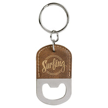 Load image into Gallery viewer, Rustic/Gold Oval Laserable Leatherette Bottle Opener Keychain
