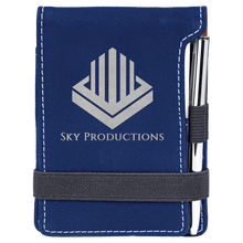 Load image into Gallery viewer, Blue/Silver 3 1/4" x 4 3/4" Laserable Leatherette Mini Notepad with Pen
