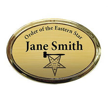 Load image into Gallery viewer, 1.5x2.5 Oval Badge with Gold Frame, with Clutch, Pin, or Magnet Back
