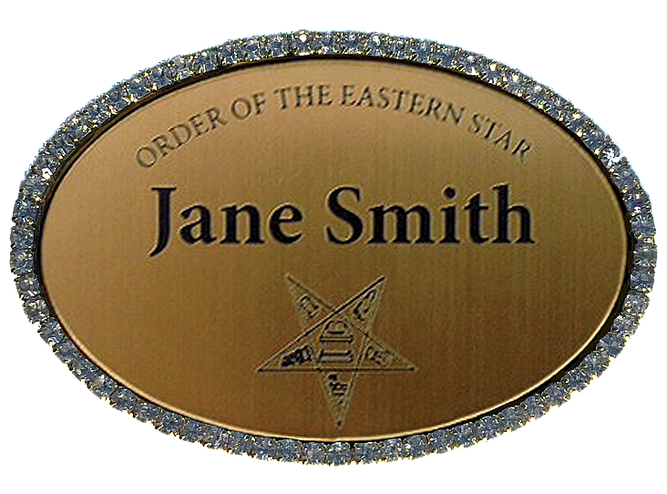 1.5x2.5 Oval Badge with Jeweled Gold or Silver Frame, with Clutch, Pin, or Magnet Back